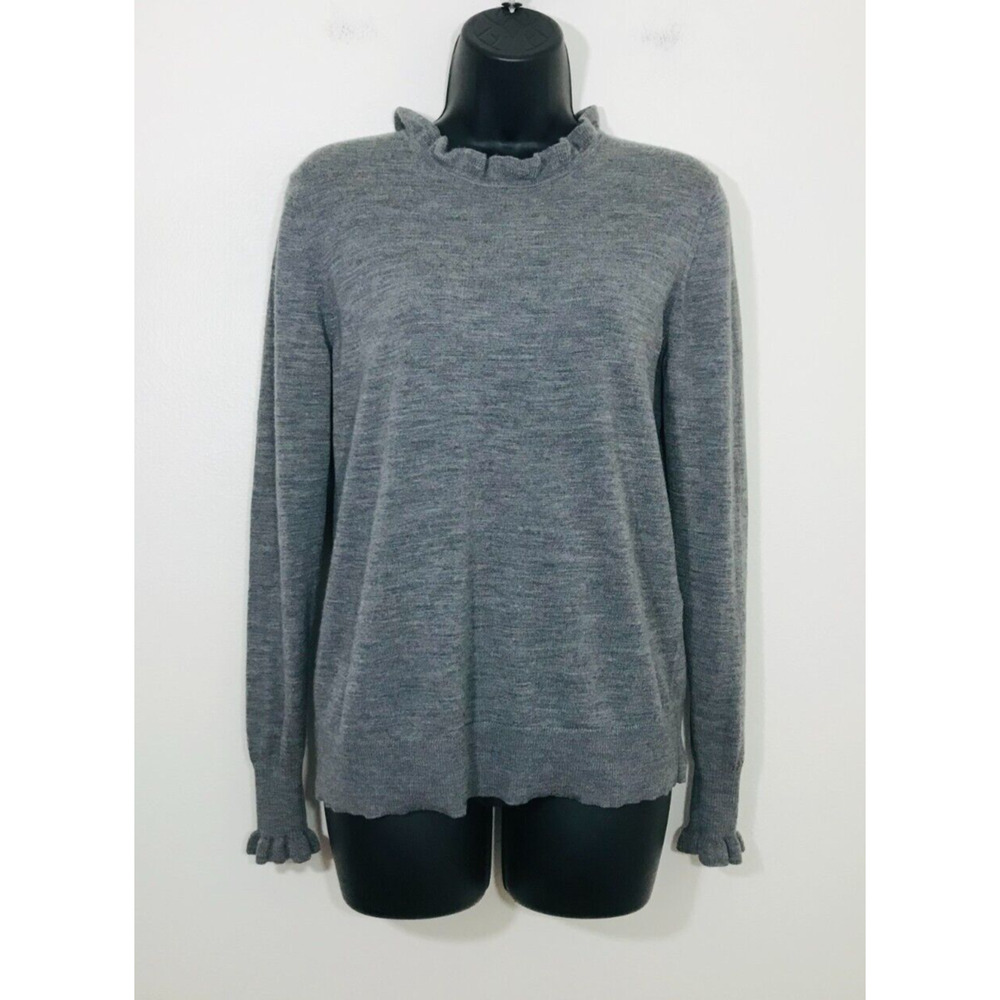 L.K. Bennett Wool Pullover Sweater Ruffle Neck Top Gray Academia Preppy, S